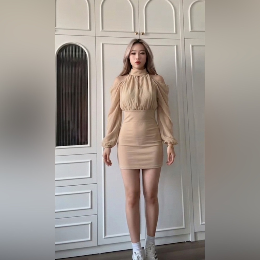 Beige Cold-Shoulder Long-Sleeve with Backcut Bodycon Dress